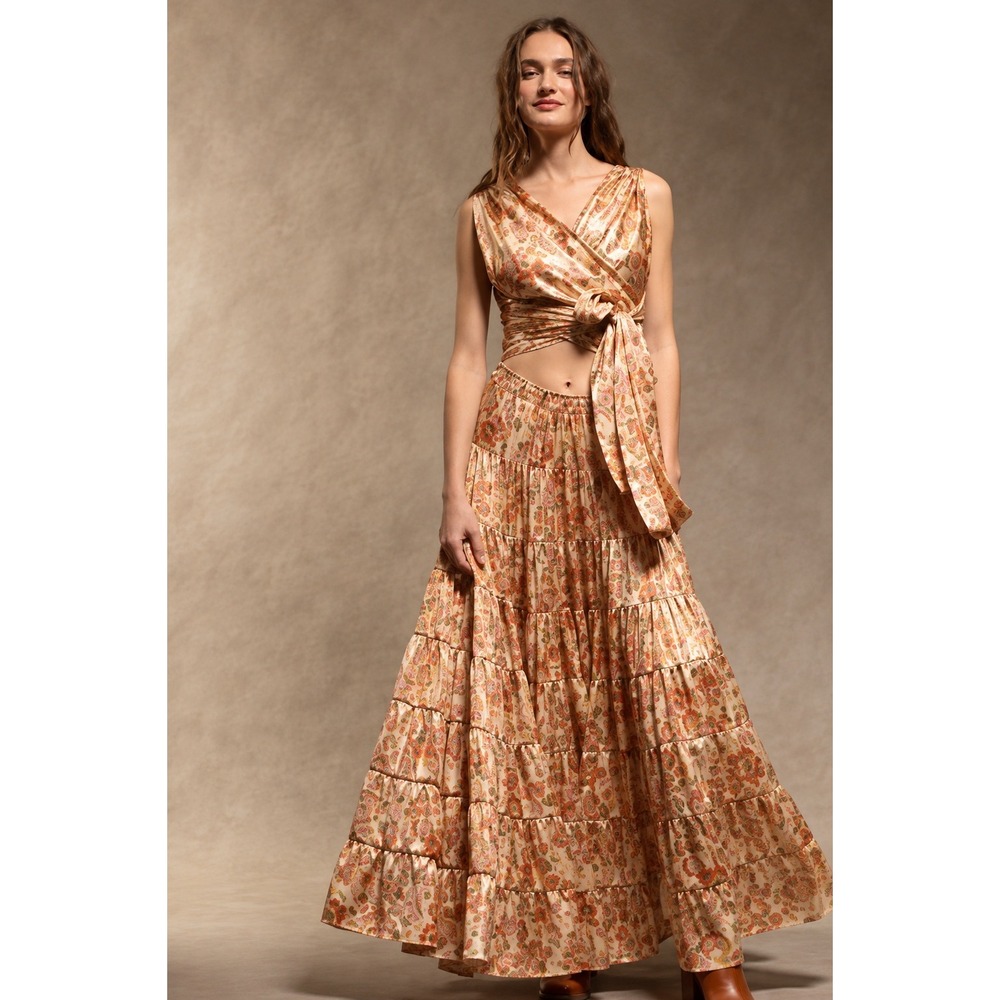 Free People Something Magical Metallic Floral Tiered Maxi Dress XL Boho Resort